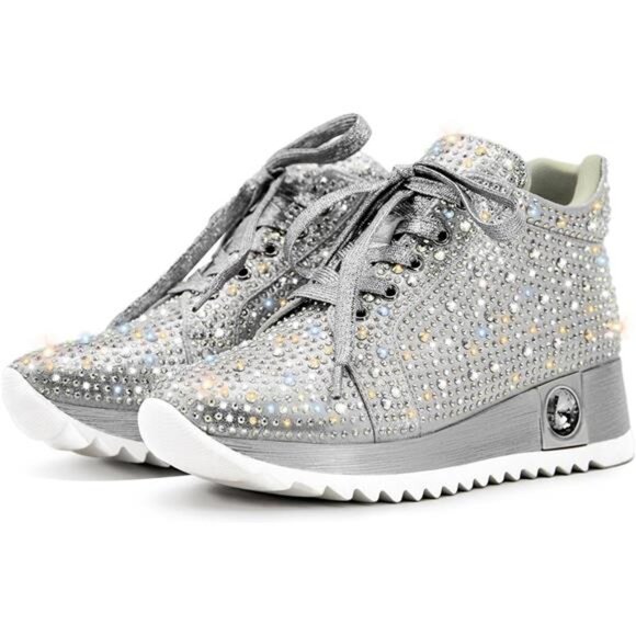 Women's Fashion Glitter Sneakers Platform Wedge Shoes Sparkly Rhinestone HighTop - Picture 3 of 7
